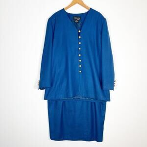 Adolfo Atelier Vintage Blue Gold Blazer Jacket Skirt Suit Set